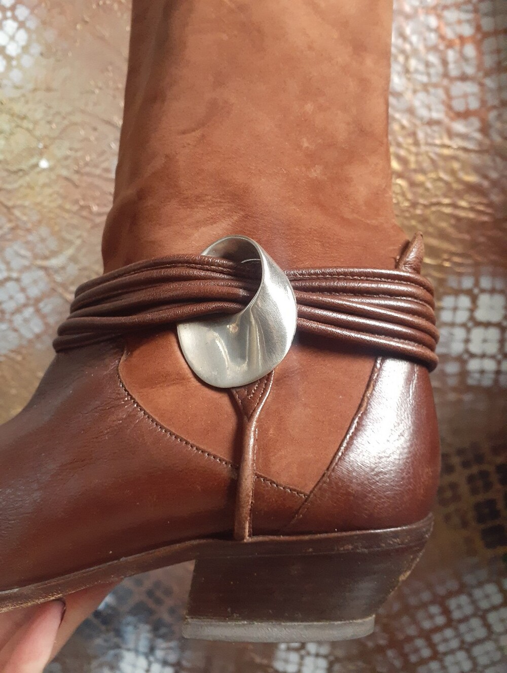 Vintage Via Spiga Two-Tone Leather And Suede Brown Western Boot with Wrap Strap - Picture 2 of 16